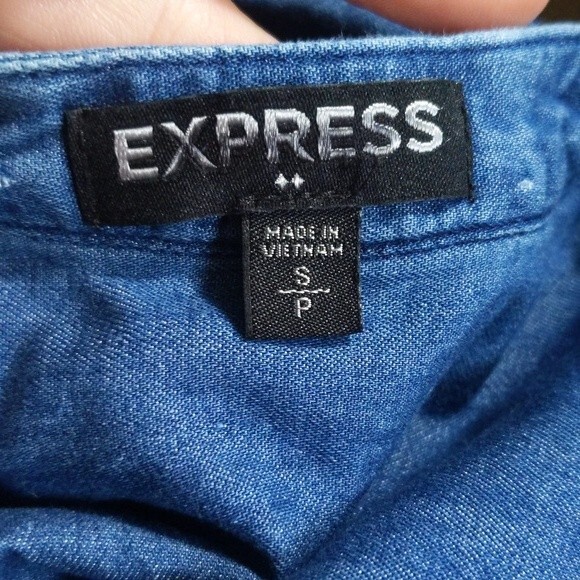 Express blue chambray button up 3/4 sleeve romper, denim, elastic & drawstring S - Picture 5 of 8